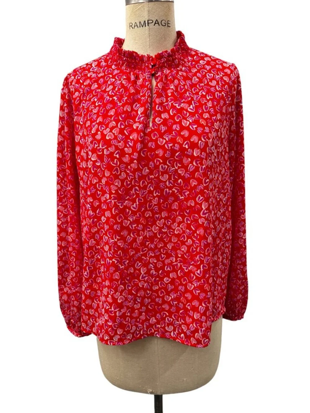 J.Crew Smocked Keyhole Top Bright Cerise Soft Azal XL Hearts Blouse